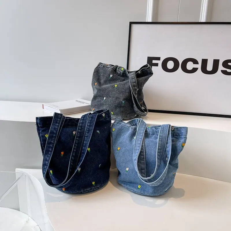 Women Cute Denim Handle Bag Embroidery Floral Print Tote Bags Large Capacity Female Commute Shoulder Pack Lady Canvas Bag