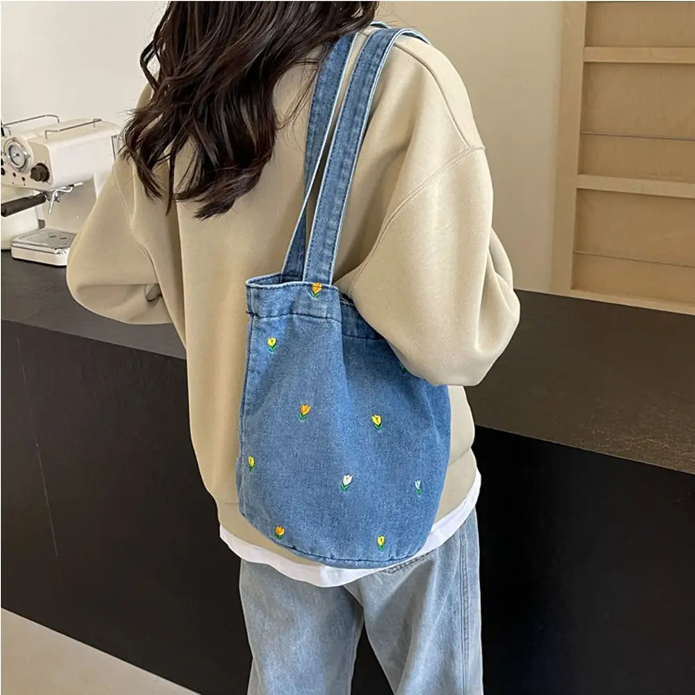 Women Cute Denim Handle Bag Embroidery Floral Print Tote Bags Large Capacity Female Commute Shoulder Pack Lady Canvas Bag
