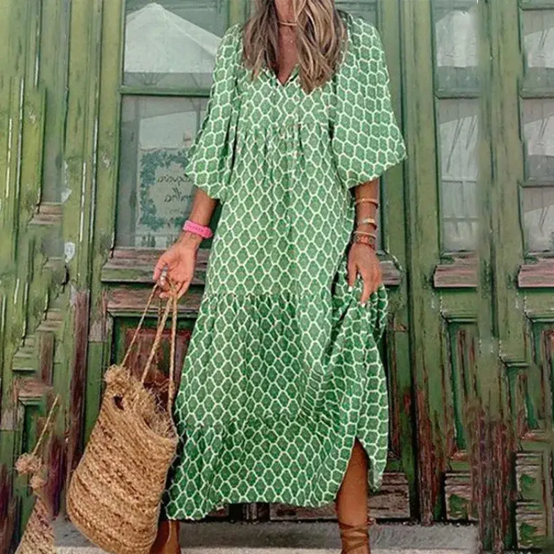 Spring Autumn Hot Sale Of The Season Plaid Print Long Sleeve Loose Maxi Dress Elegant Women's Fashion Gown Wide Hemline A- Line