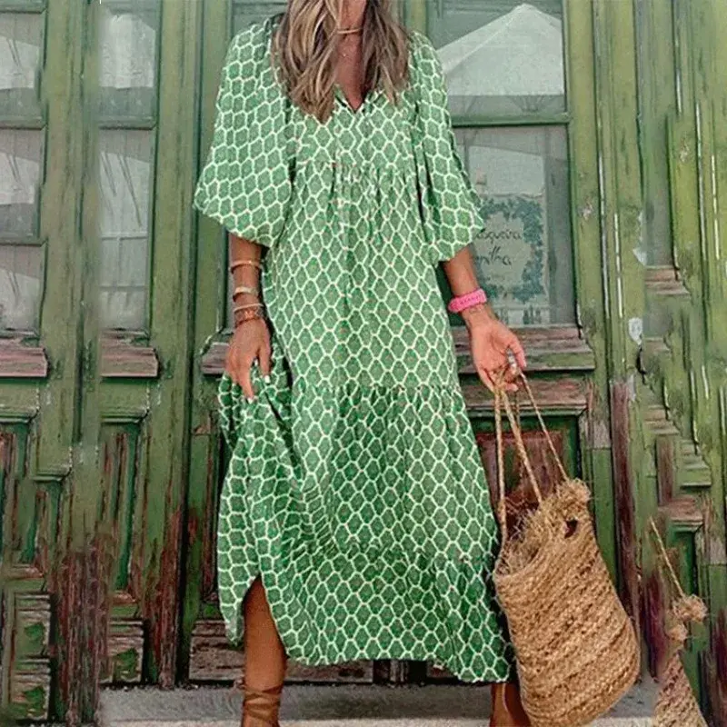Spring Autumn Hot Sale Of The Season Plaid Print Long Sleeve Loose Maxi Dress Elegant Women's Fashion Gown Wide Hemline A- Line