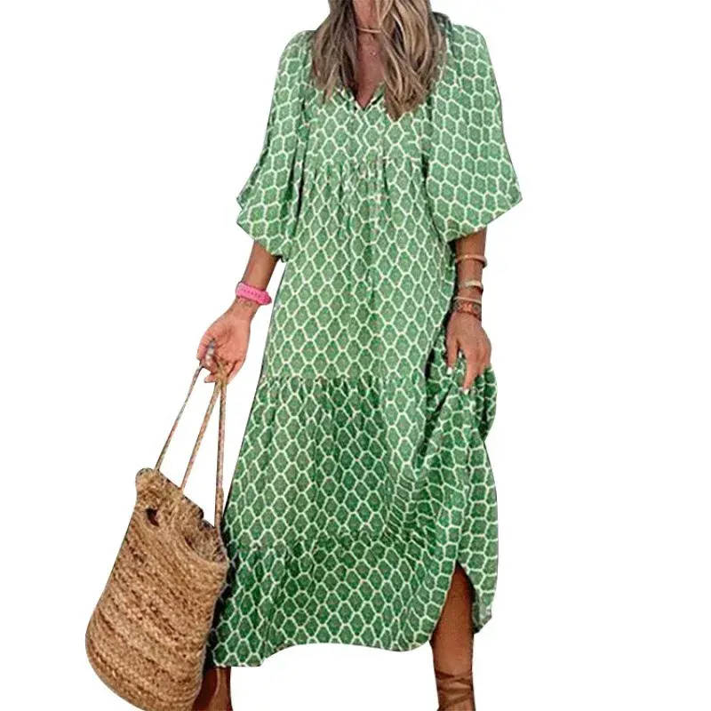 Spring Autumn Hot Sale Of The Season Plaid Print Long Sleeve Loose Maxi Dress Elegant Women's Fashion Gown Wide Hemline A- Line