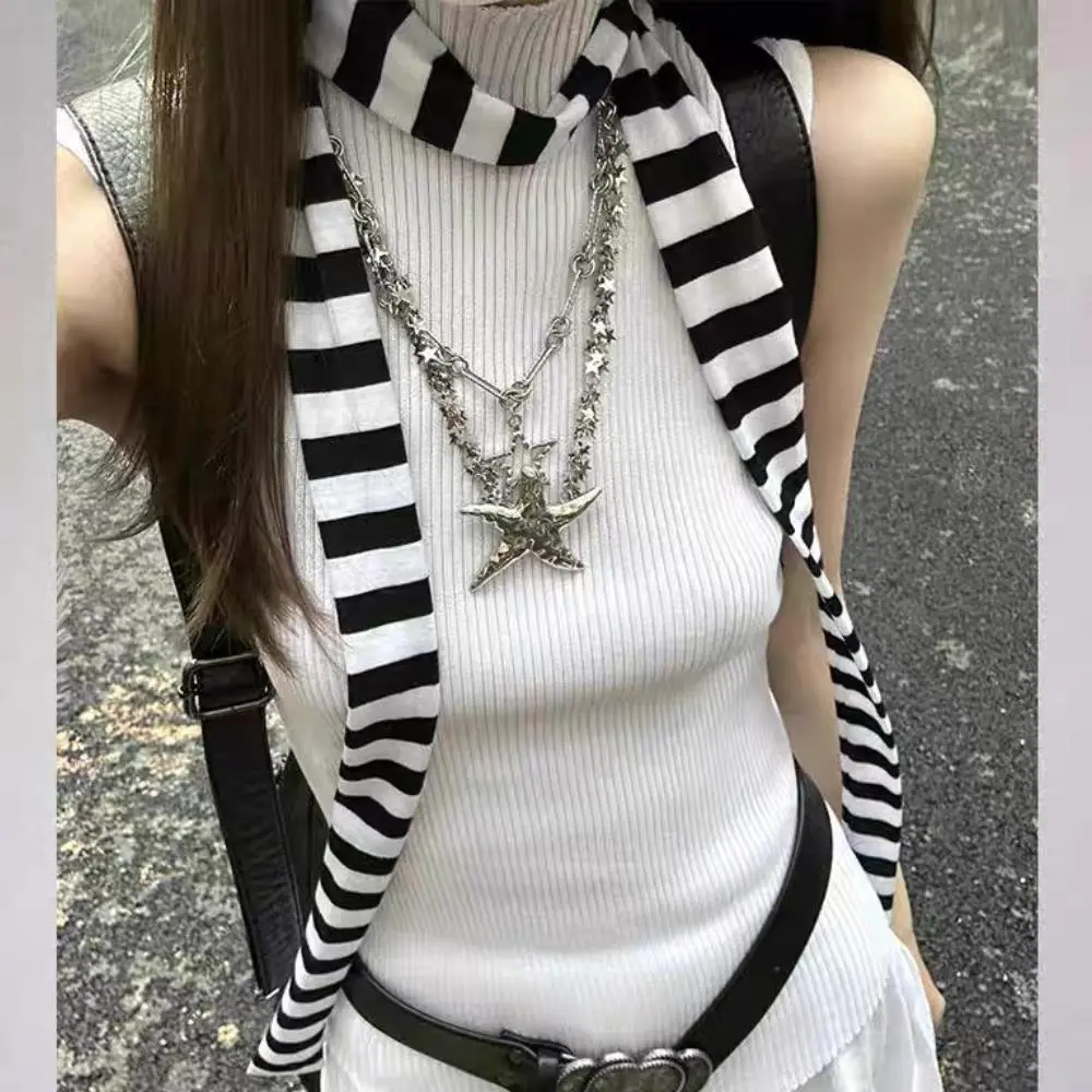 New Harajuku Retro Strip Neckscarf Fashion Grey Red Black Striped Knitted Scarf Striped Decorative Scarf Korean Style Streetwear