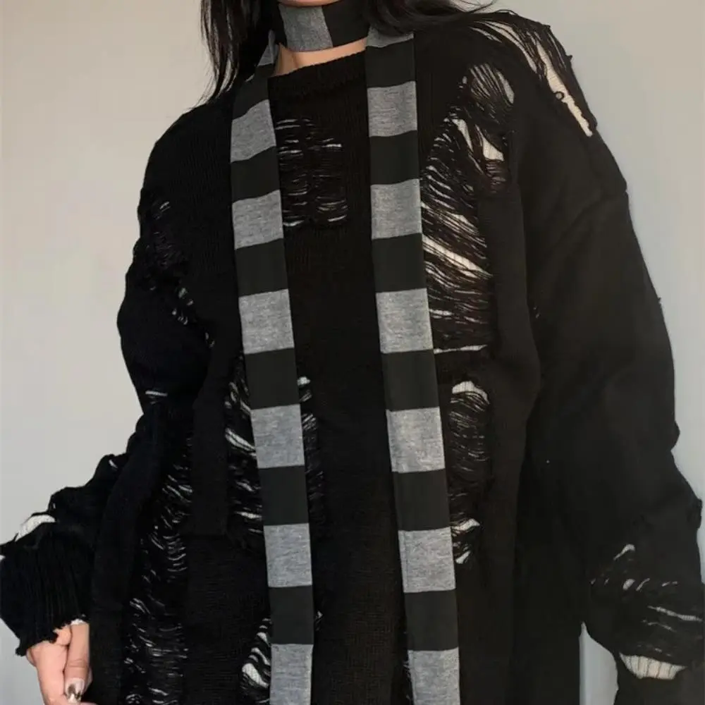 New Harajuku Retro Strip Neckscarf Fashion Grey Red Black Striped Knitted Scarf Striped Decorative Scarf Korean Style Streetwear