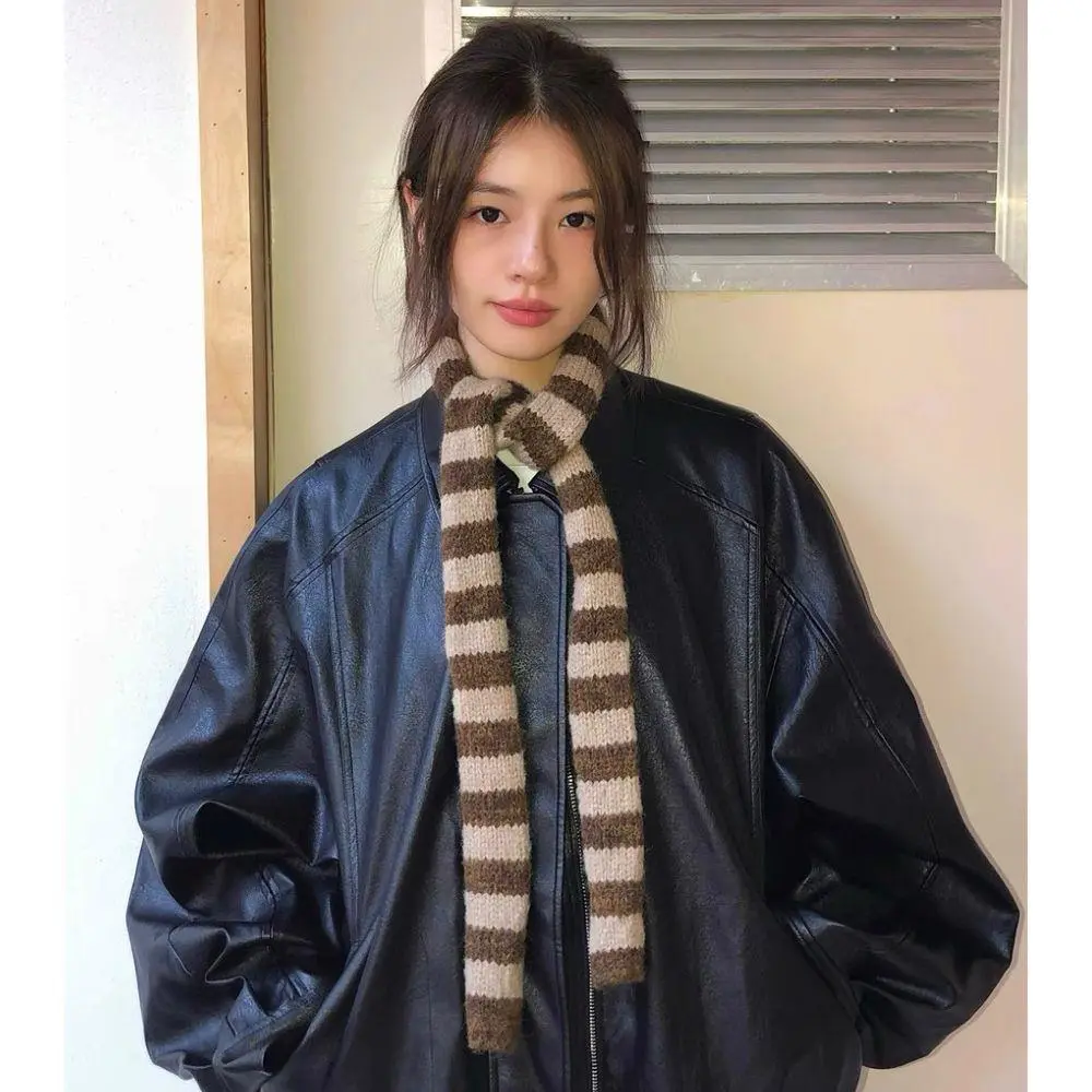 Striped Scarf Long Tie Scarf Women Cotton Scarves Thin And Narrow Scarf Harajuku Striped Knitted Scarves Girl's Neck Warmer New