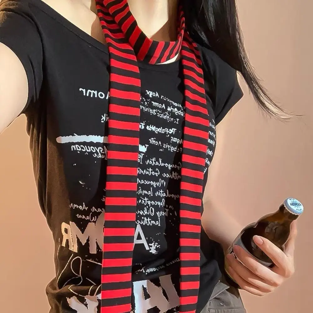 New Harajuku Retro Strip Neckscarf Fashion Grey Red Black Striped Knitted Scarf Striped Decorative Scarf Korean Style Streetwear