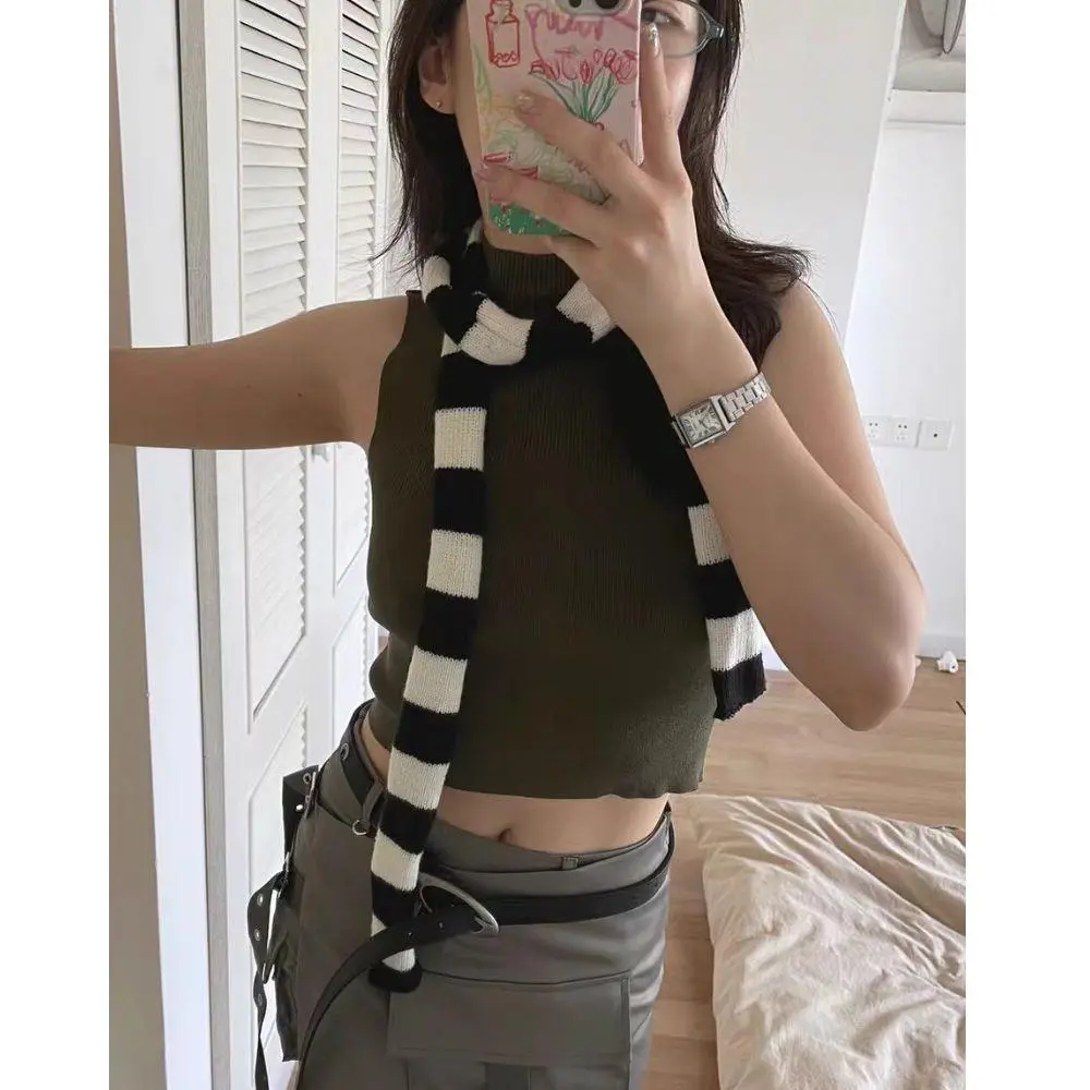 Striped Scarf Long Tie Scarf Women Cotton Scarves Thin And Narrow Scarf Harajuku Striped Knitted Scarves Girl's Neck Warmer New