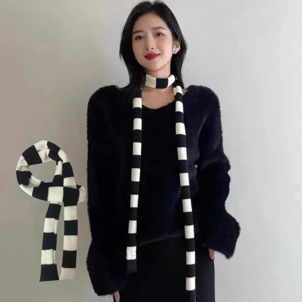 Striped Scarf Long Tie Scarf Women Cotton Scarves Thin And Narrow Scarf Harajuku Striped Knitted Scarves Girl's Neck Warmer New