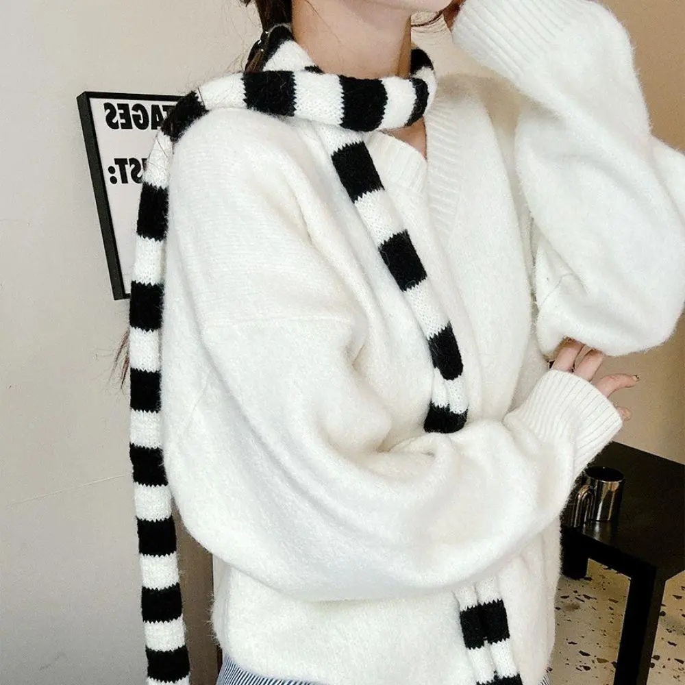 Striped Scarf Long Tie Scarf Women Cotton Scarves Thin And Narrow Scarf Harajuku Striped Knitted Scarves Girl's Neck Warmer New