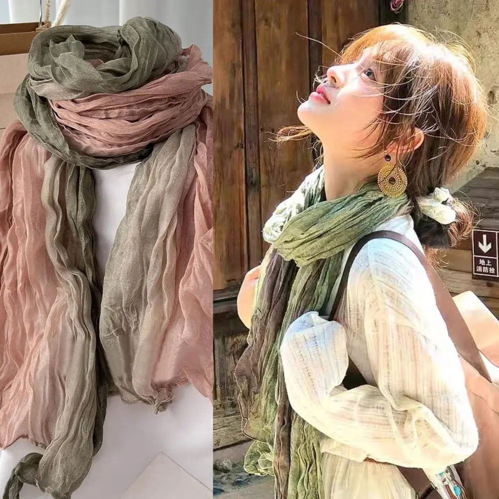 2025 Cotton Hemp Pleated Scarves Women's Gradient Color Linen Scarf  Fashionable Trend Fold Shawl Windproof Sand Proof Headscarf