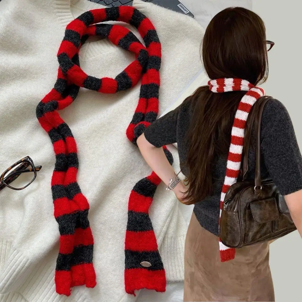 Striped Scarf Long Tie Scarf Women Cotton Scarves Thin And Narrow Scarf Harajuku Striped Knitted Scarves Girl's Neck Warmer New
