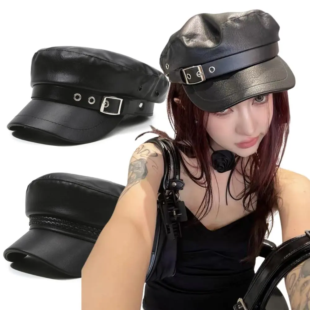 NEW Fashion Women Black Leather Hat Biker NewsBoy Hip Pop Cap Women Unisex Beret Captain Sailor Visor Hat Newsboy Cap Fashion