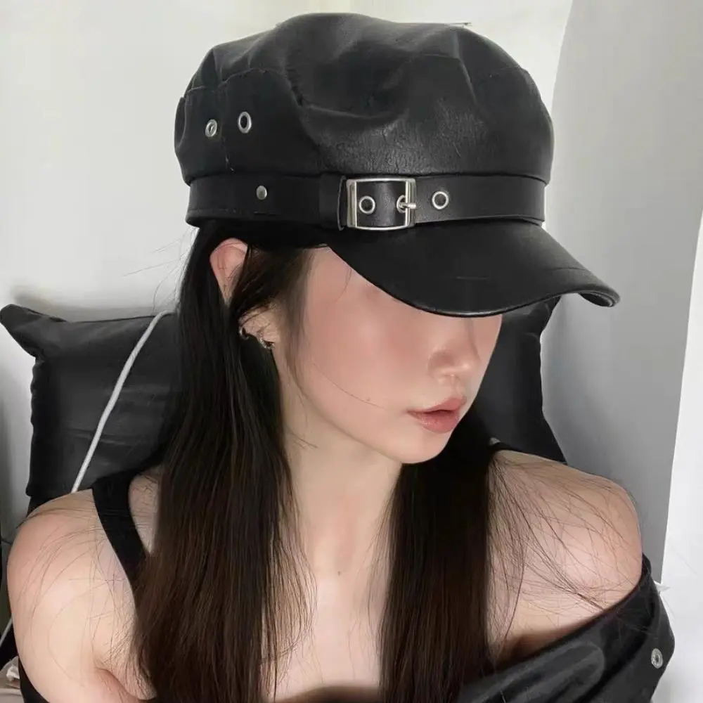 NEW Fashion Women Black Leather Hat Biker NewsBoy Hip Pop Cap Women Unisex Beret Captain Sailor Visor Hat Newsboy Cap Fashion