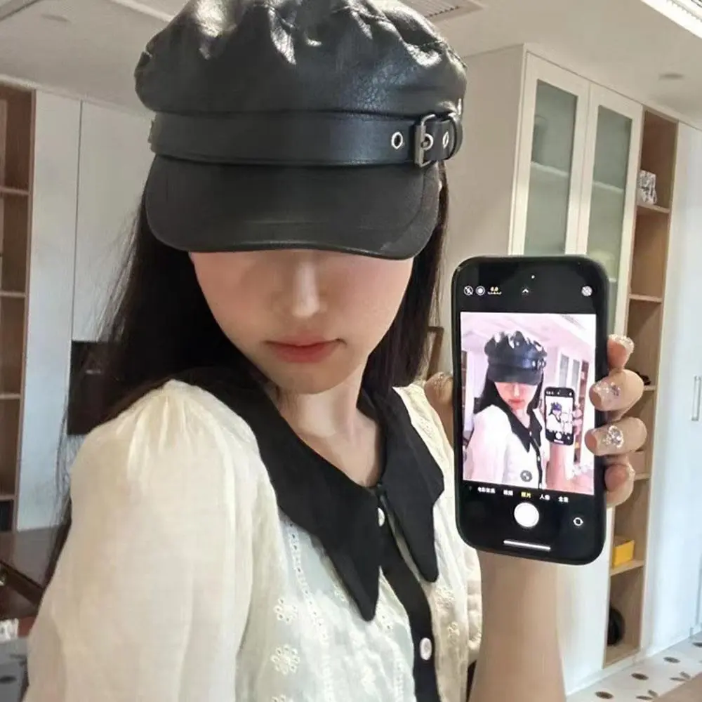 NEW Fashion Women Black Leather Hat Biker NewsBoy Hip Pop Cap Women Unisex Beret Captain Sailor Visor Hat Newsboy Cap Fashion