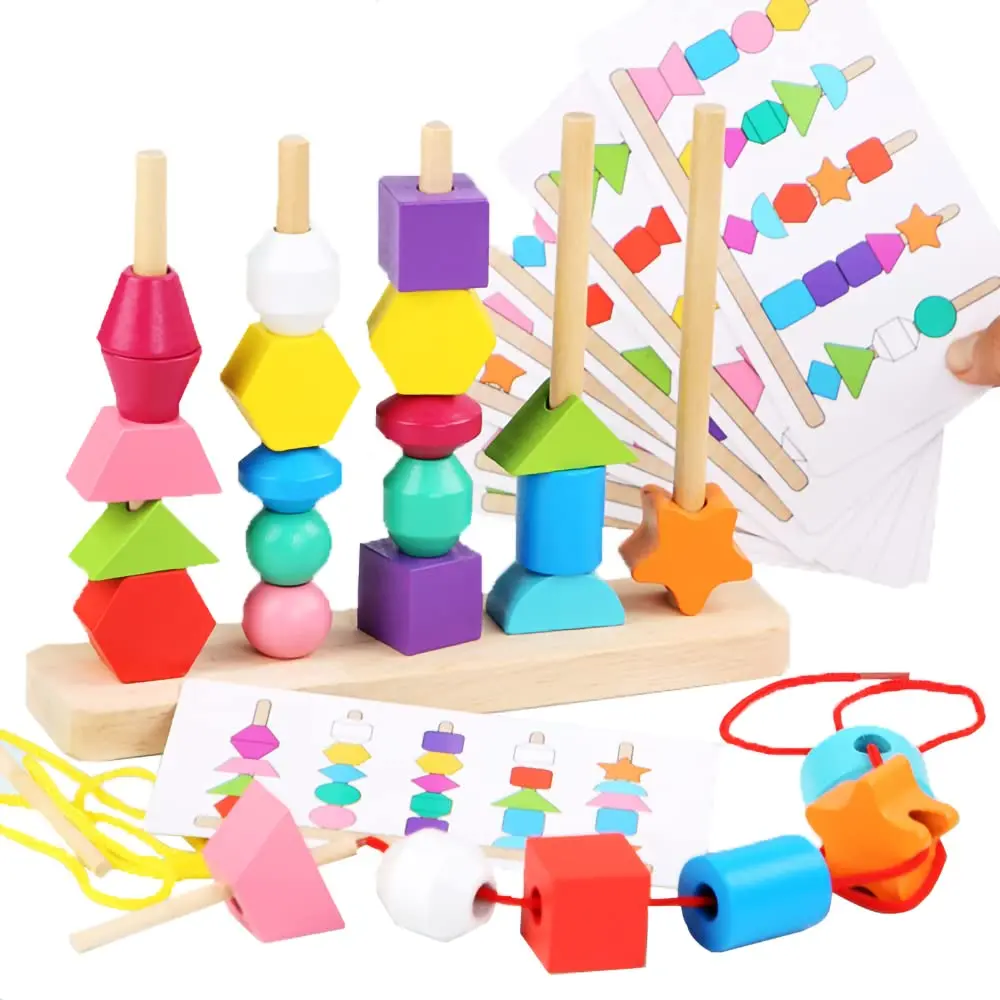 Montessori Wooden Toys Color Shape Matching Puzzle Game Colorful Beaded Cognition Early Educational Toys For Children Kids Gift