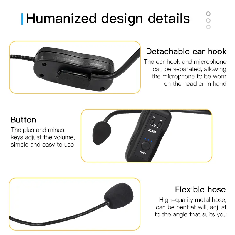 2.4G Head-mounted Microphone Wireless Lavalier Microphone Set  with Receiver for Amplifier Voice Speaker Teaching Tour Guide