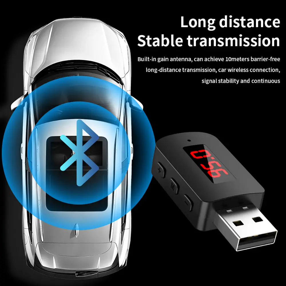 USB Bluetooth 5.4 Receiver Wireless Audio Transmitter USB Adapter with LED Display Hands-free Call Support FM Module For Car