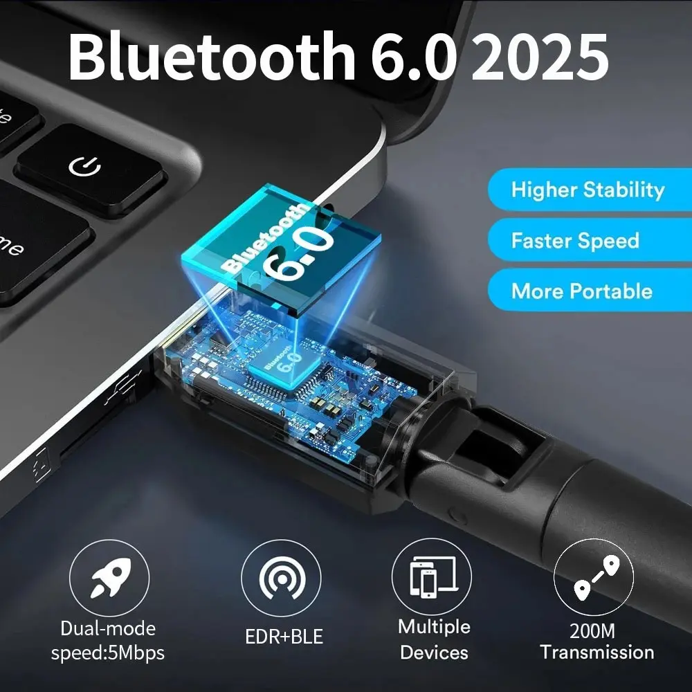 Bluetooth 6.0 Adapter with Antenna USB Dongle Bluetooth Receiver & Transmitter for Keyboard Mouse Windows 11/10/8.1 Driver Free