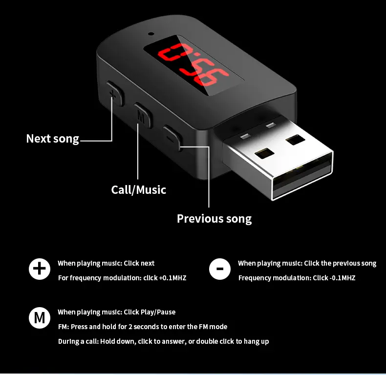 USB Bluetooth 5.4 Receiver Wireless Audio Transmitter USB Adapter with LED Display Hands-free Call Support FM Module For Car