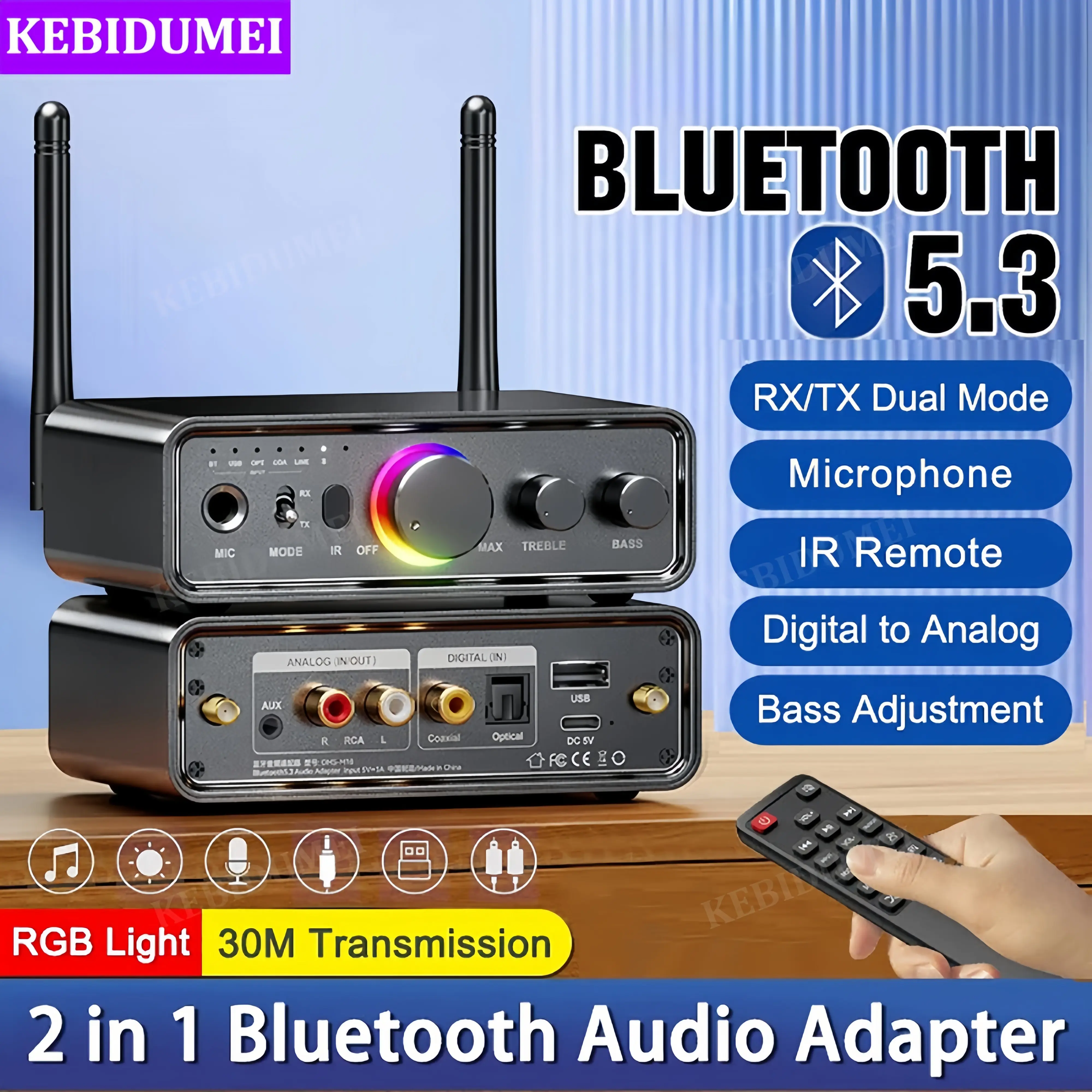 Wireless Audio Adapter Bluetooth 5.3 DAC 2 in 1 Receiver Transmitter Lossless Sound 3.5MM AUX/RCA/USB/6.5 MIC/Optical /Coaxial