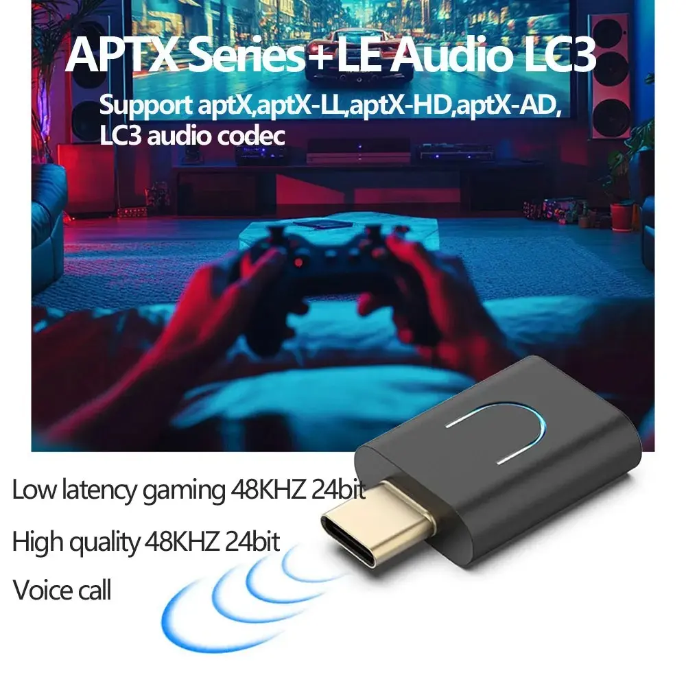 TYPE-C Bluetooth 5.4 Transmitter Bluetooth Audio Adapter Support AURACAST LE AUDIO/LC3/APTX for Headphone Speaker Mouse Keyboard