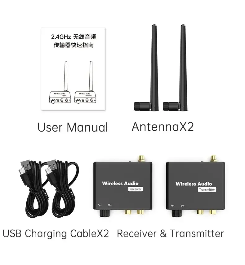 50M 2.4G Wireless Transmitter Receiver Digital to Audio Analog Converter with 3.5MM RCA Jack For Amplifier Speaker TV Box DVD PC