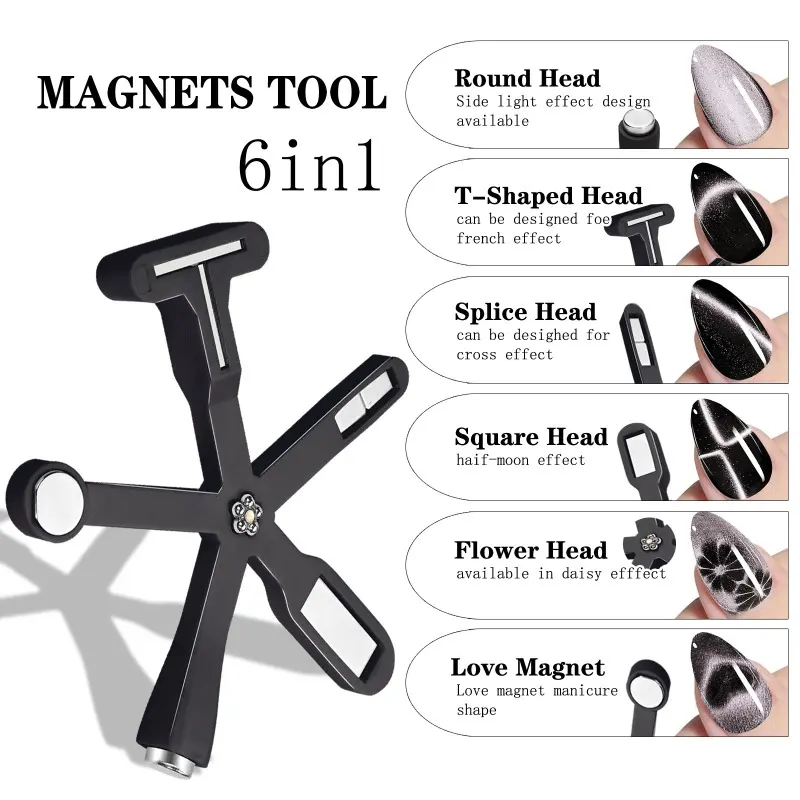 6 in 1 Strong Magnetic Stick Cat Eye Gel Polish Nail Magnet Tool with Love Heart Half Moon Daisy French UV Manicure Design