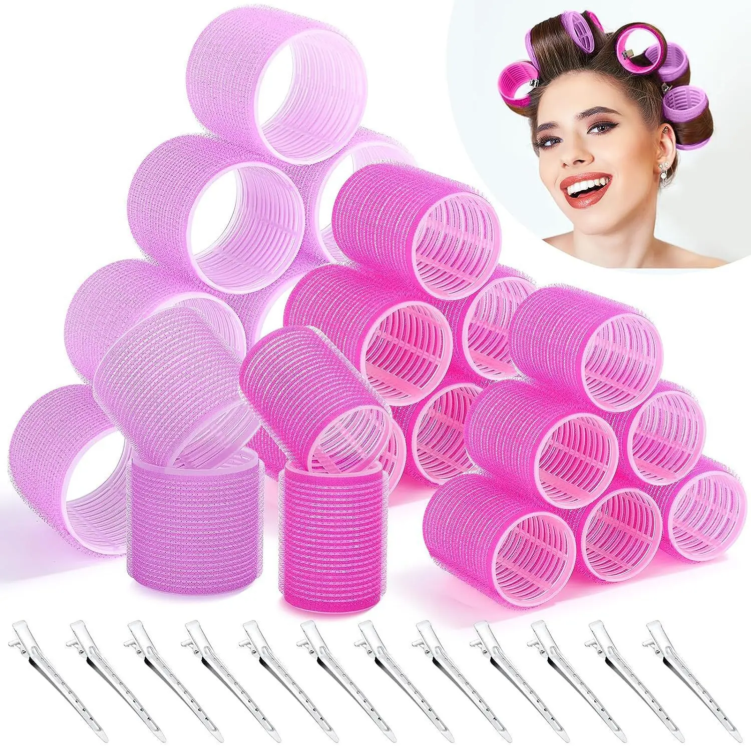 28pcs/Set Hair Roller Sets 18pcs Plastic Self Grip Hair Curlers 3 Sizes Hair Rollers 10pcs Metal Clips DIY Hairdressing Tools