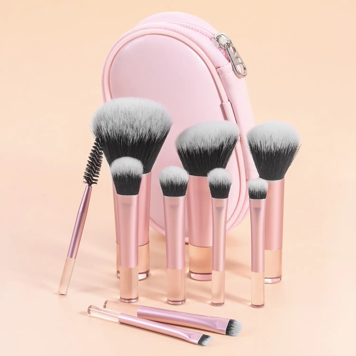 10pcs Pink Makeup Brush Set for Beginners Mini Portable Foundation Eyeshadow Brushes with Crystal Handle Includes Brush Pouch