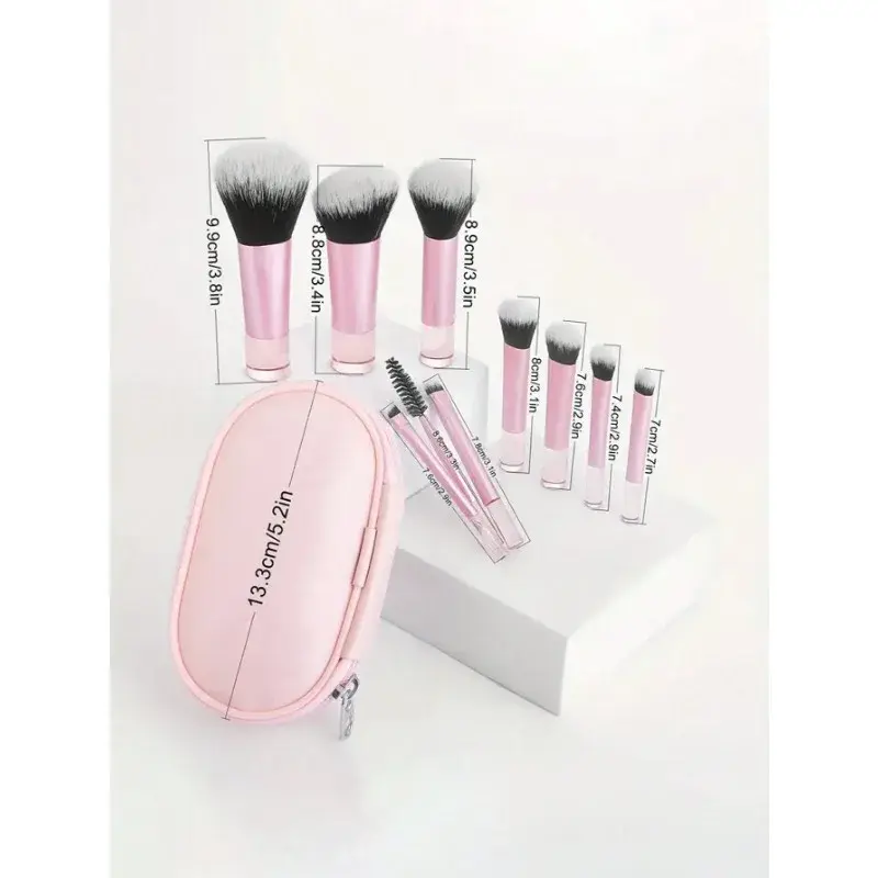 10pcs Pink Makeup Brush Set for Beginners Mini Portable Foundation Eyeshadow Brushes with Crystal Handle Includes Brush Pouch