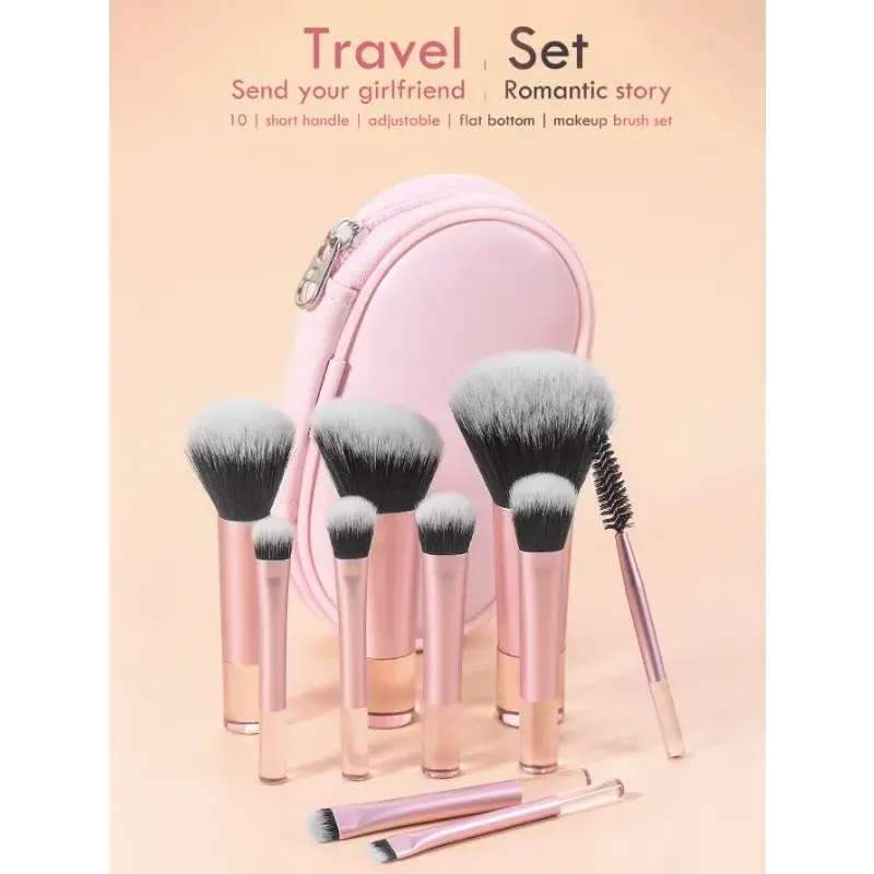 10pcs Pink Makeup Brush Set for Beginners Mini Portable Foundation Eyeshadow Brushes with Crystal Handle Includes Brush Pouch