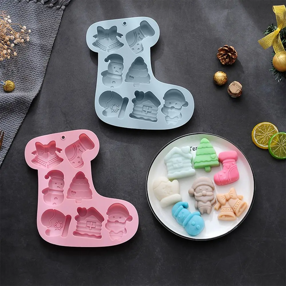 7 Cavities Christmas Theme Silicone Mold Sock Shape Bell Snowman Tree Chocolate Cake Mold Holiday Decoration Baking Tools