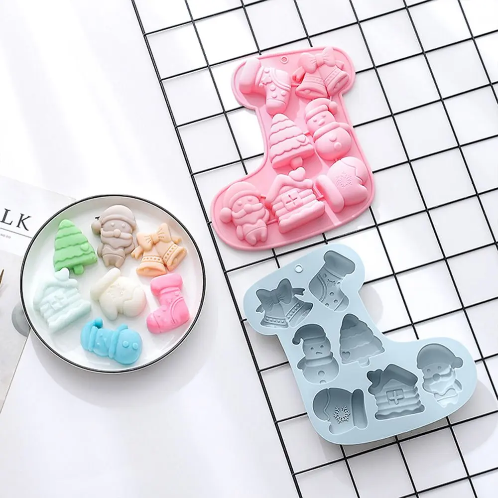 7 Cavities Christmas Theme Silicone Mold Sock Shape Bell Snowman Tree Chocolate Cake Mold Holiday Decoration Baking Tools