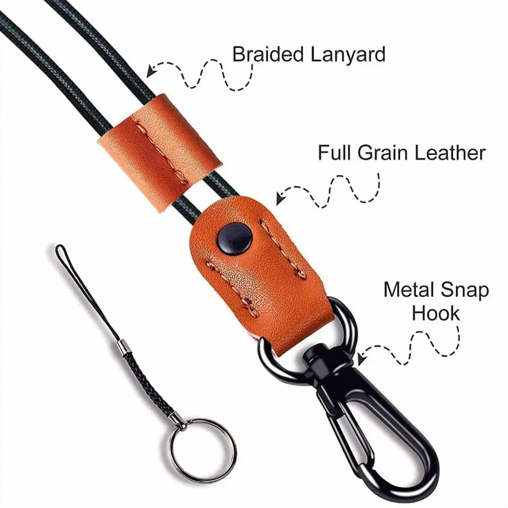 Leather Braided Badge Lanyard for ID Card Holder Keys Office Adjustable Lanyard with Strong Metal Clasp Keychain Holder Neck