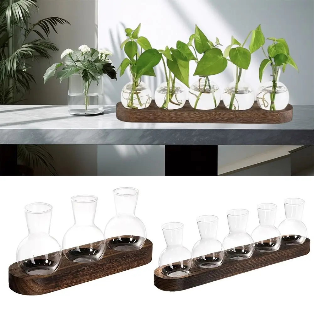 Plant Terrarium Propagation Station, Glass Planter Bulb Vase With Wooden Tray, Modern Bud Vases for Living Room Office Decor