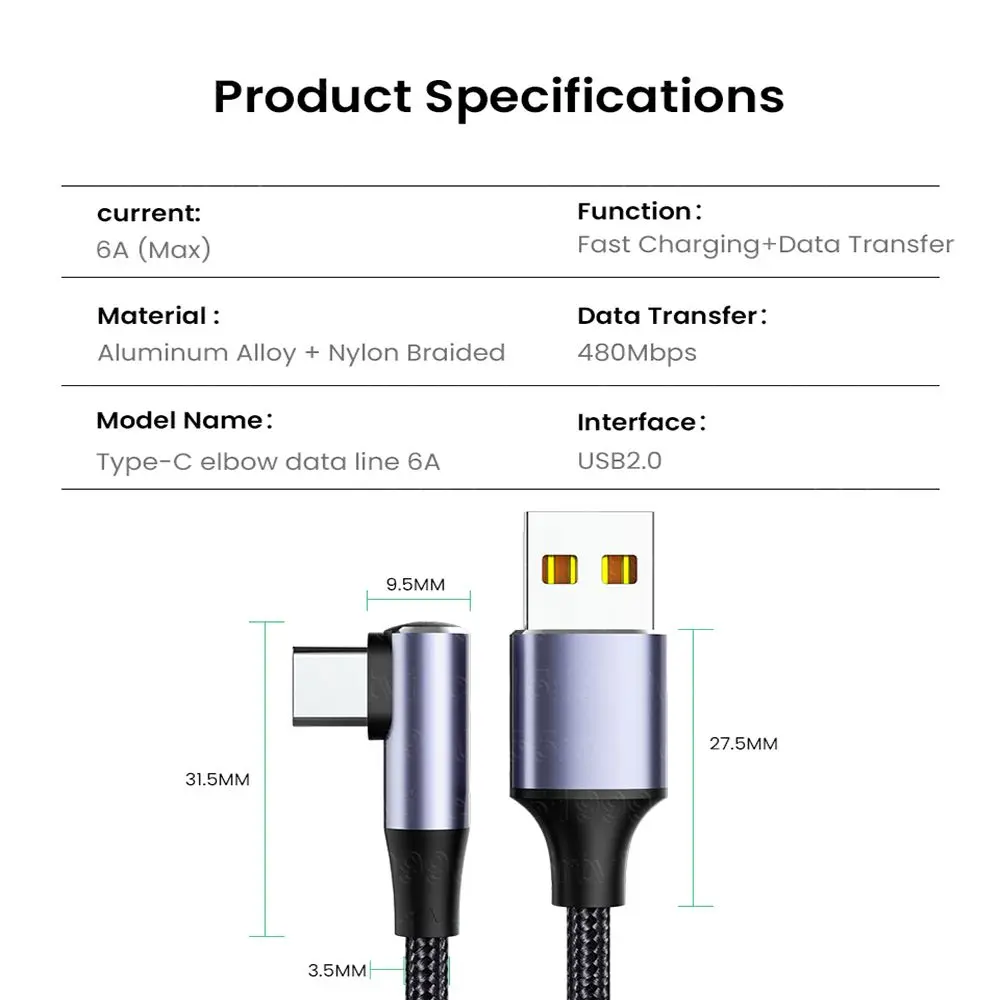 100W PD Fast Charging Line USB C to USB Type C Cable Quick Charge 4.0 Right Angle Wire 90 Degree Data Cable For Laptop Mobile