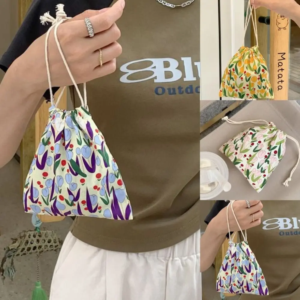 Fashion Ins Japanese Small Fresh Canvas Storage Bag Portable Drawstring Drawstring Mouth Storage Bag Small Canvas Bag
