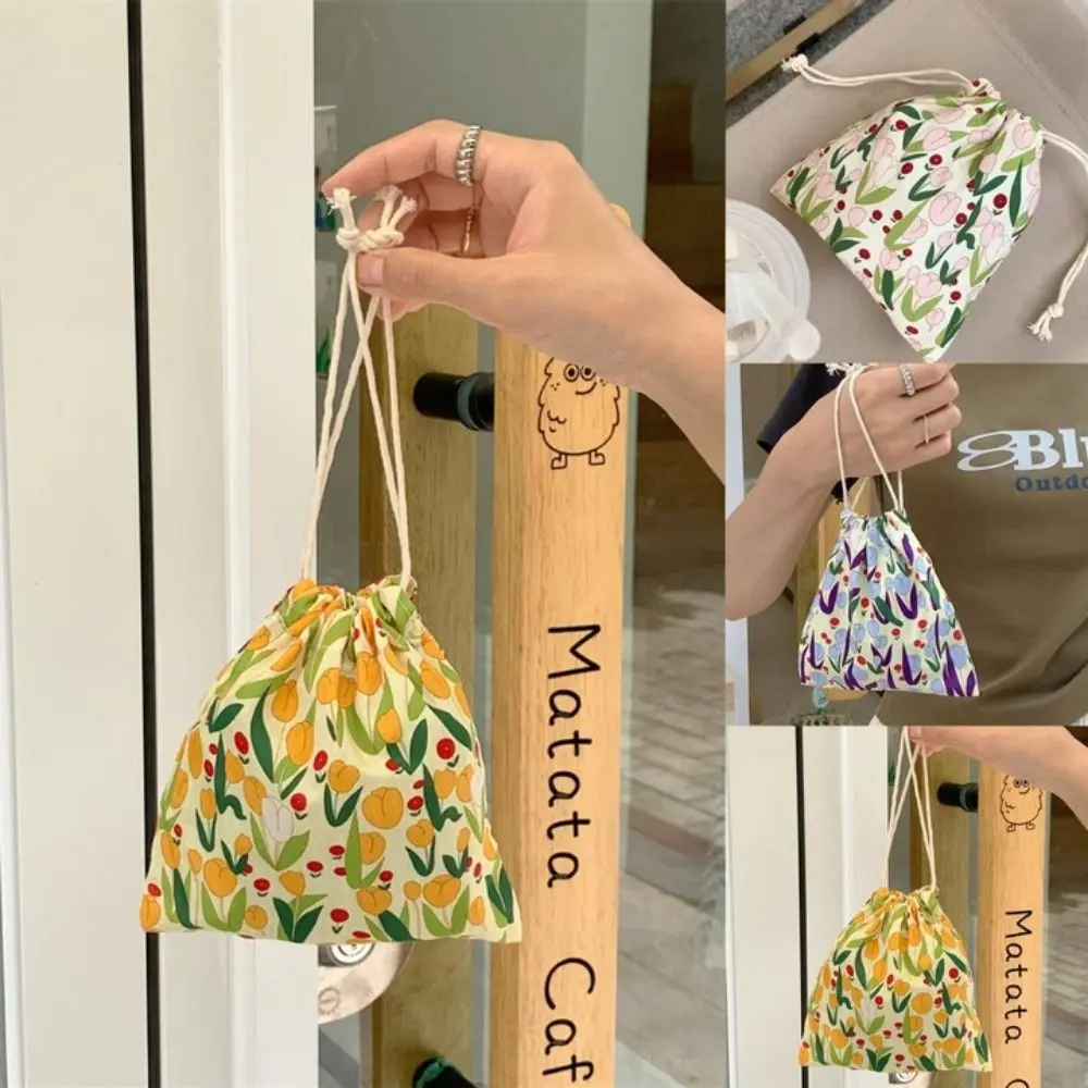 Fashion Ins Japanese Small Fresh Canvas Storage Bag Portable Drawstring Drawstring Mouth Storage Bag Small Canvas Bag