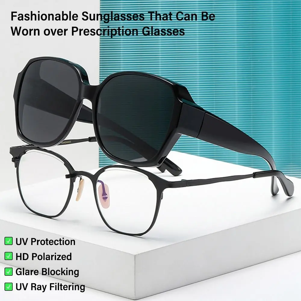 Polarized Fit Over Glasses Sunglasses for Women Men, Trendy Square Wrap Around Shades for Driving Riding, UV Protection
