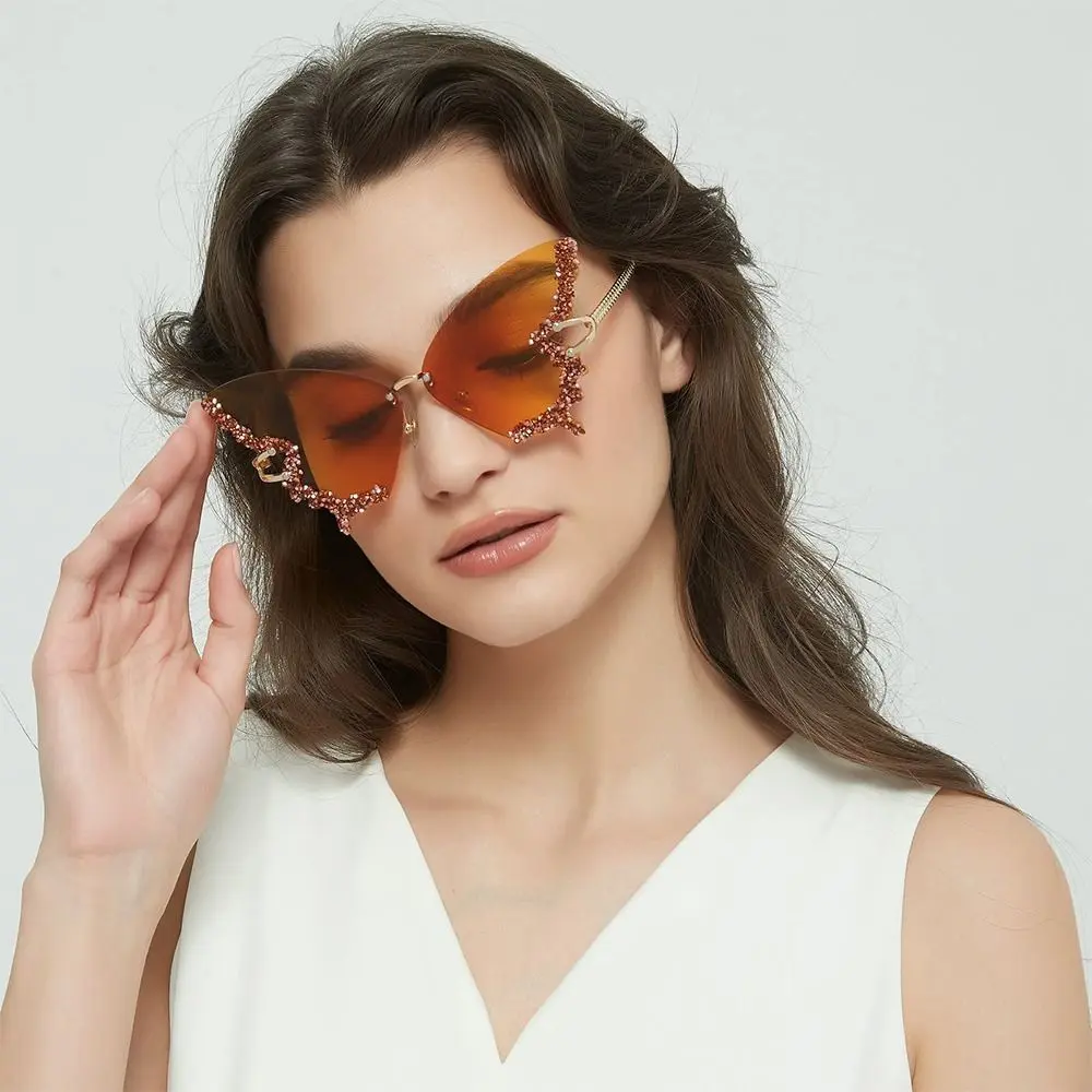 Luxury Diamond Butterfly Sunglasses for Women Vintage Rimless Sun Glasses Oversized Rhinestone Bling Shades LadiesY2K Eyewear