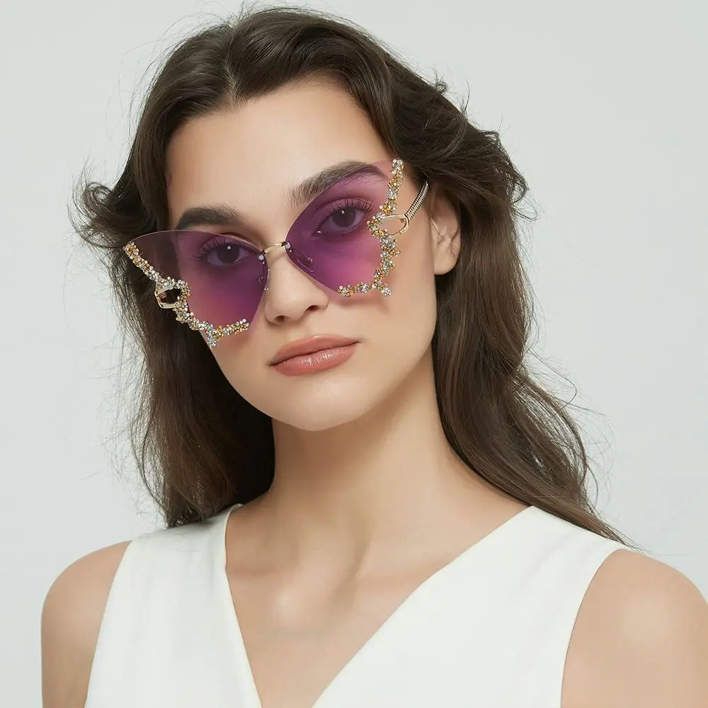 Luxury Diamond Butterfly Sunglasses for Women Vintage Rimless Sun Glasses Oversized Rhinestone Bling Shades LadiesY2K Eyewear