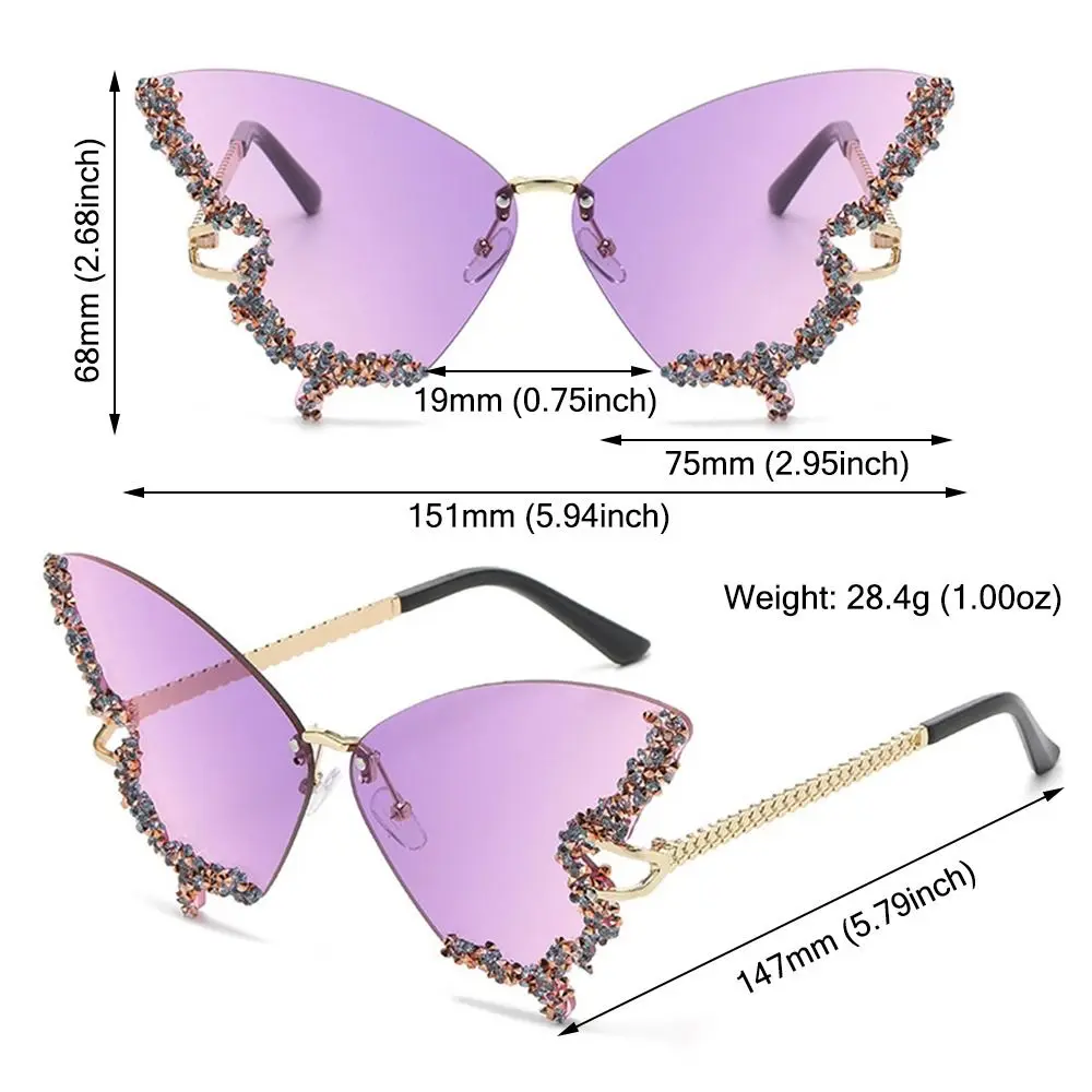 Luxury Diamond Butterfly Sunglasses for Women Vintage Rimless Sun Glasses Oversized Rhinestone Bling Shades LadiesY2K Eyewear