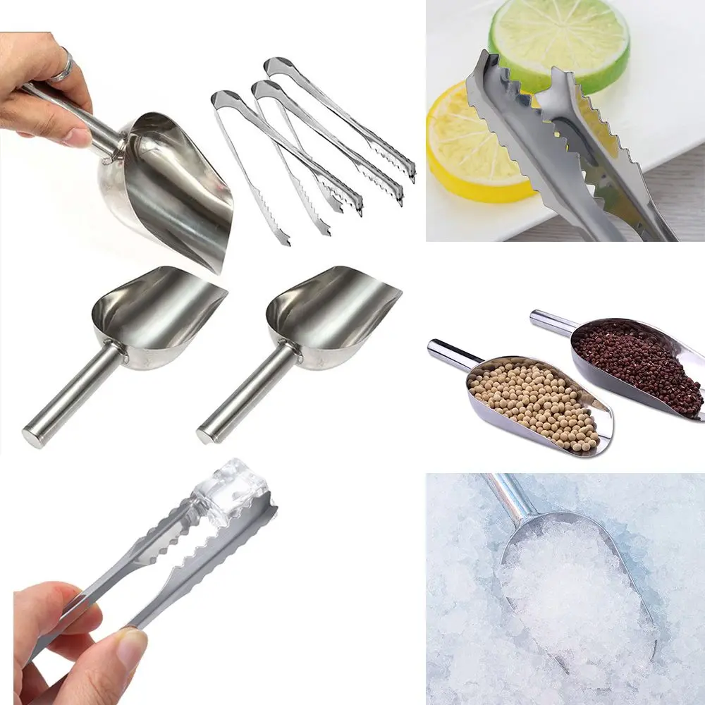 Multi-function 8-inch Stainless Steel Ice Shovel And 6-inch Ice Clip Party Candy Cake Clip Ice Flour Grain Tea Coffee Food Tools