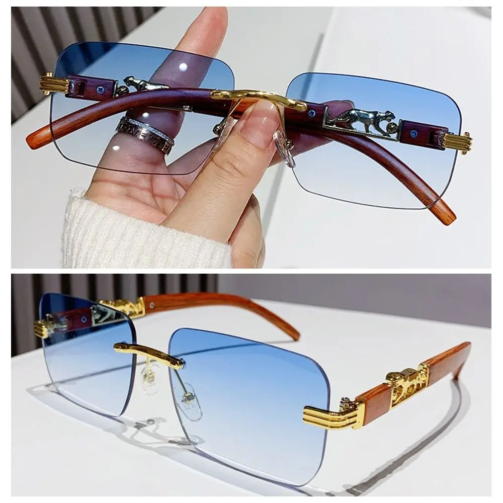 Trendy Rimless Cut Edge Sunglasses Unique Cheetah Design Sunglasses Cool Metal Temples Rectangle Sun Glasses Retro Shades