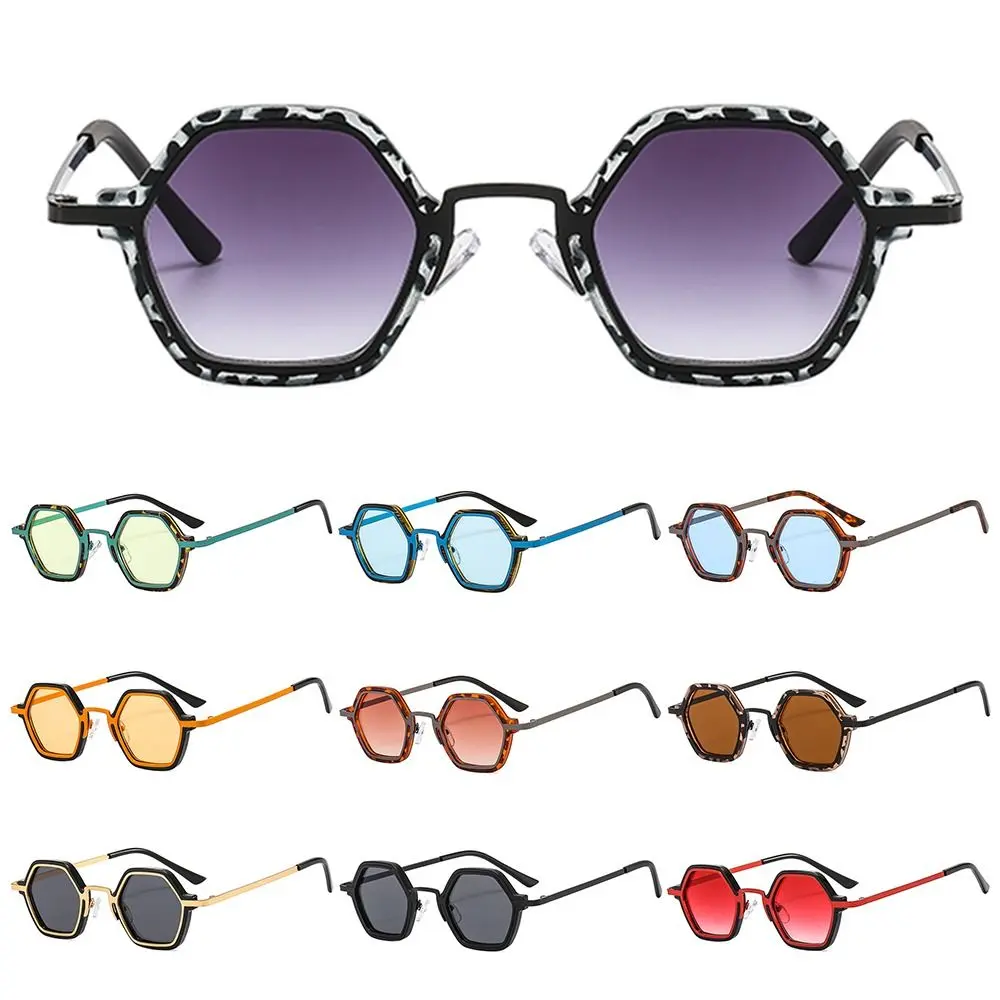 Unisex Small Frame Polygonal Sunglasses Retro Hip Hop Punk Shades, Unique Metal Frame Sun Glasses Trendy Driving Eyewear