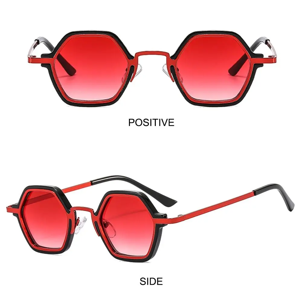 Unisex Small Frame Polygonal Sunglasses Retro Hip Hop Punk Shades, Unique Metal Frame Sun Glasses Trendy Driving Eyewear
