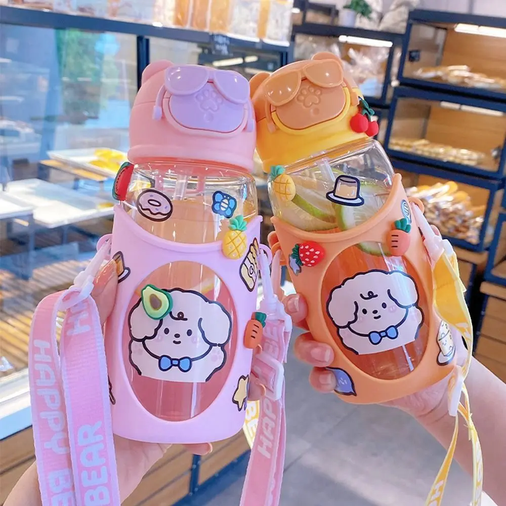 Children Portable Water Bottle With Straw Cartoon Animals Water Straw Cup Plastic Anti-Fall Water Bottle