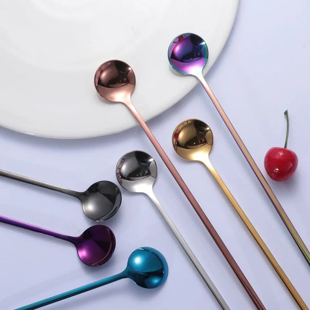 Rainbow Stir Coffee Spoon Long Handle Ice Cream Spoons Eco-friendly Stainless Steel Tableware Kitchen Supplies
