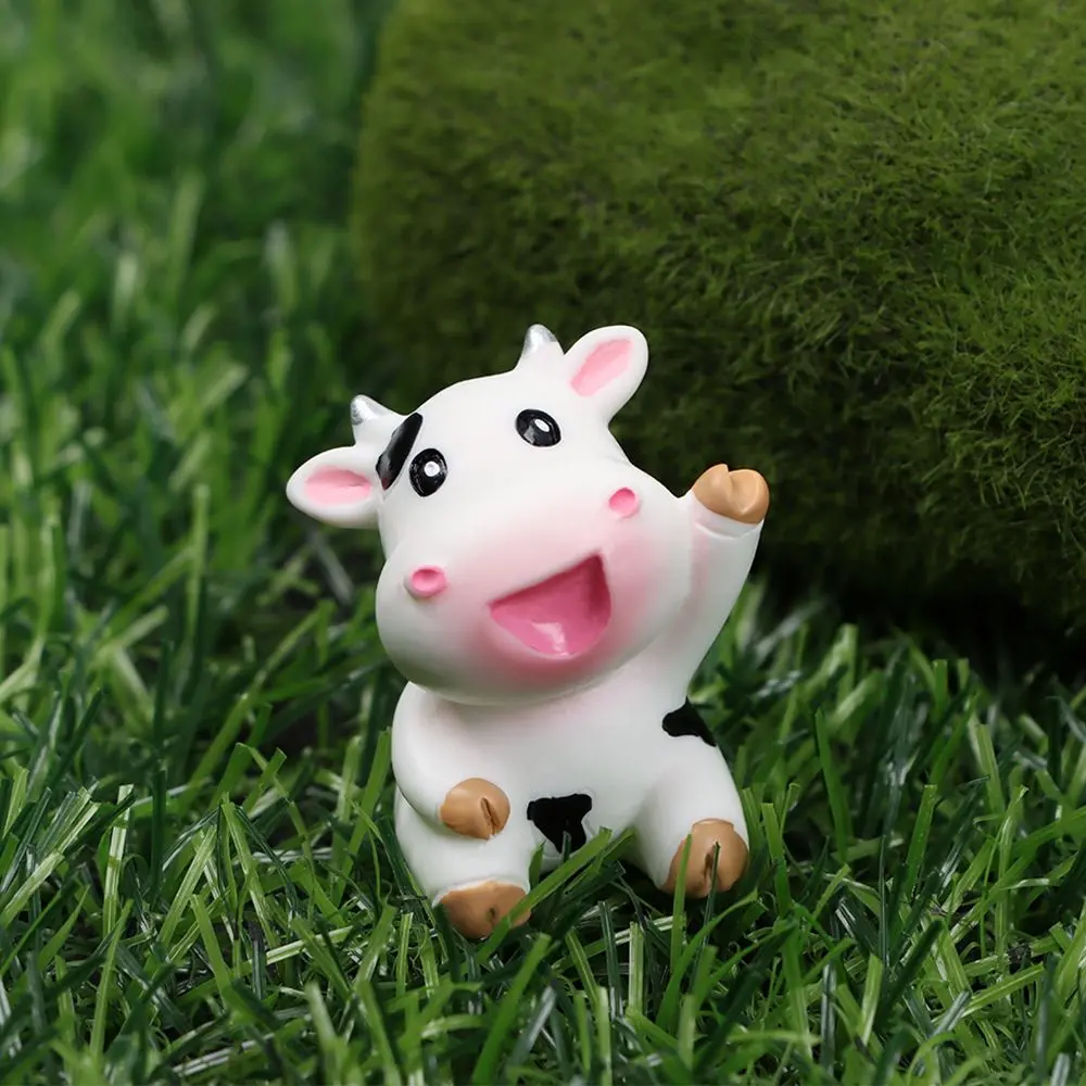 Cartoon Cow Figurines Miniature Cattle Scene Animal Model Little Statue Fairy Garden Micro Landscape Home Decoration Handicrafts