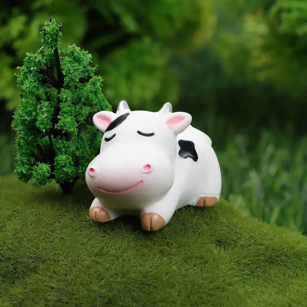 Cartoon Cow Figurines Miniature Cattle Scene Animal Model Little Statue Fairy Garden Micro Landscape Home Decoration Handicrafts