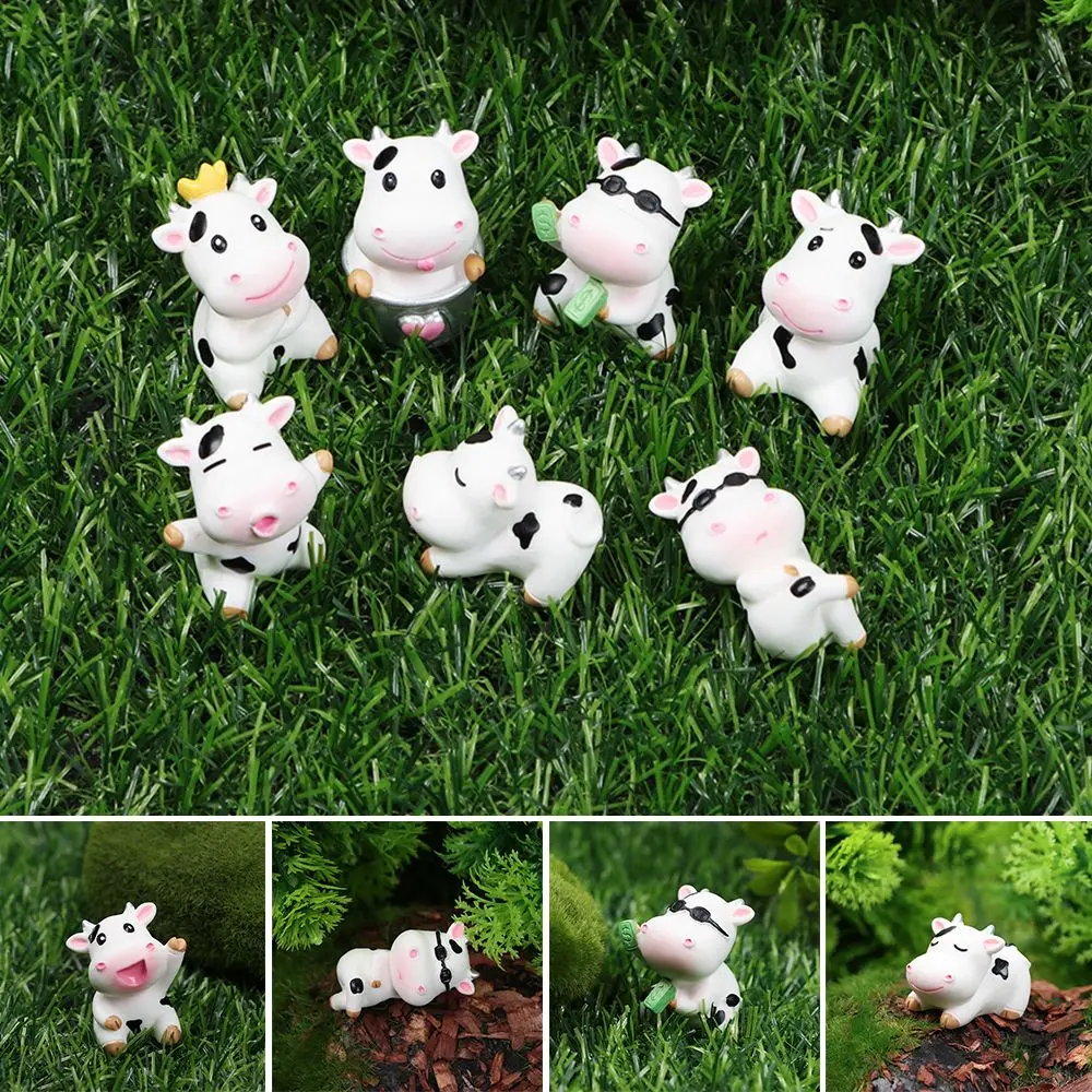 Cartoon Cow Figurines Miniature Cattle Scene Animal Model Little Statue Fairy Garden Micro Landscape Home Decoration Handicrafts